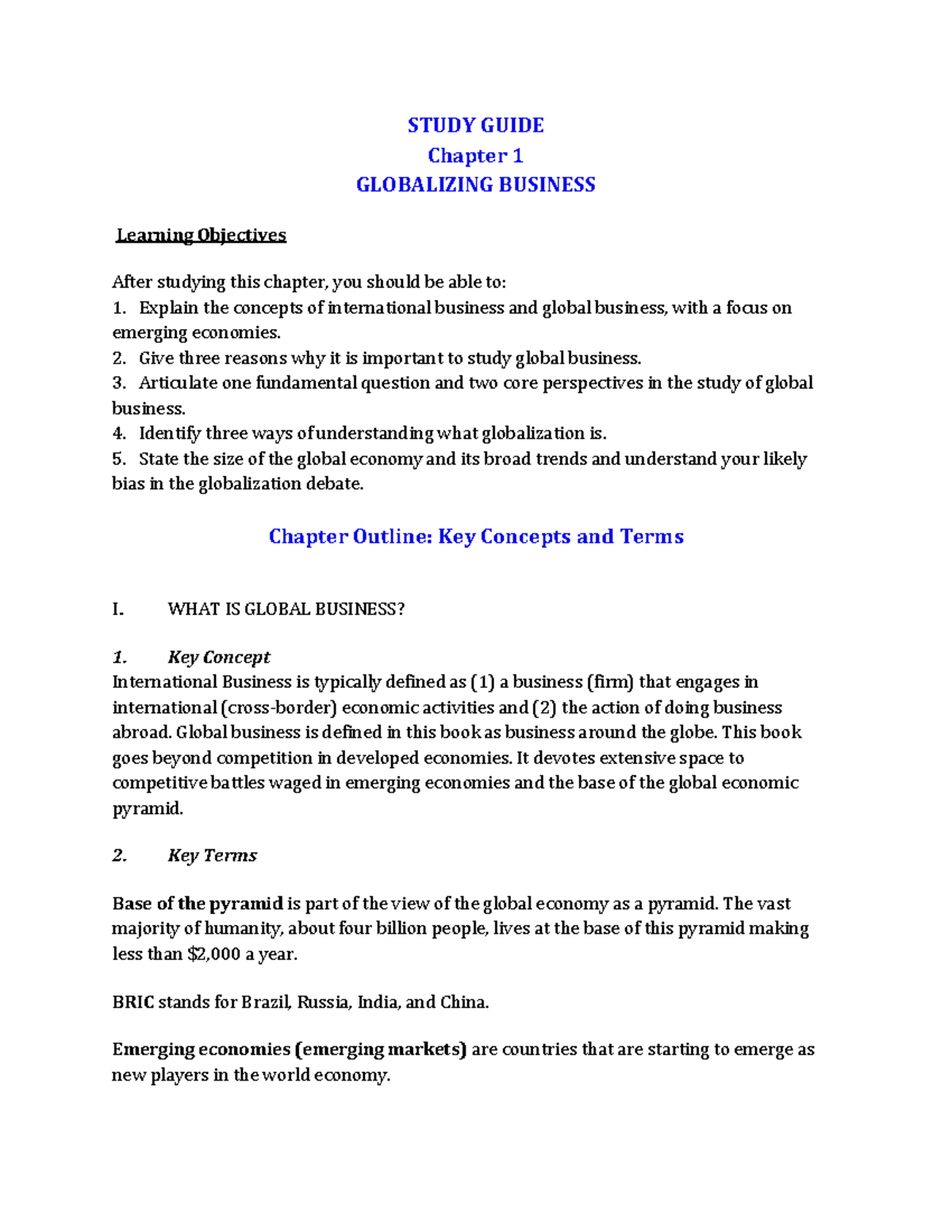 Peng, BUS 101: Globalizing Business Chapter 1 Study Guide - Studocu