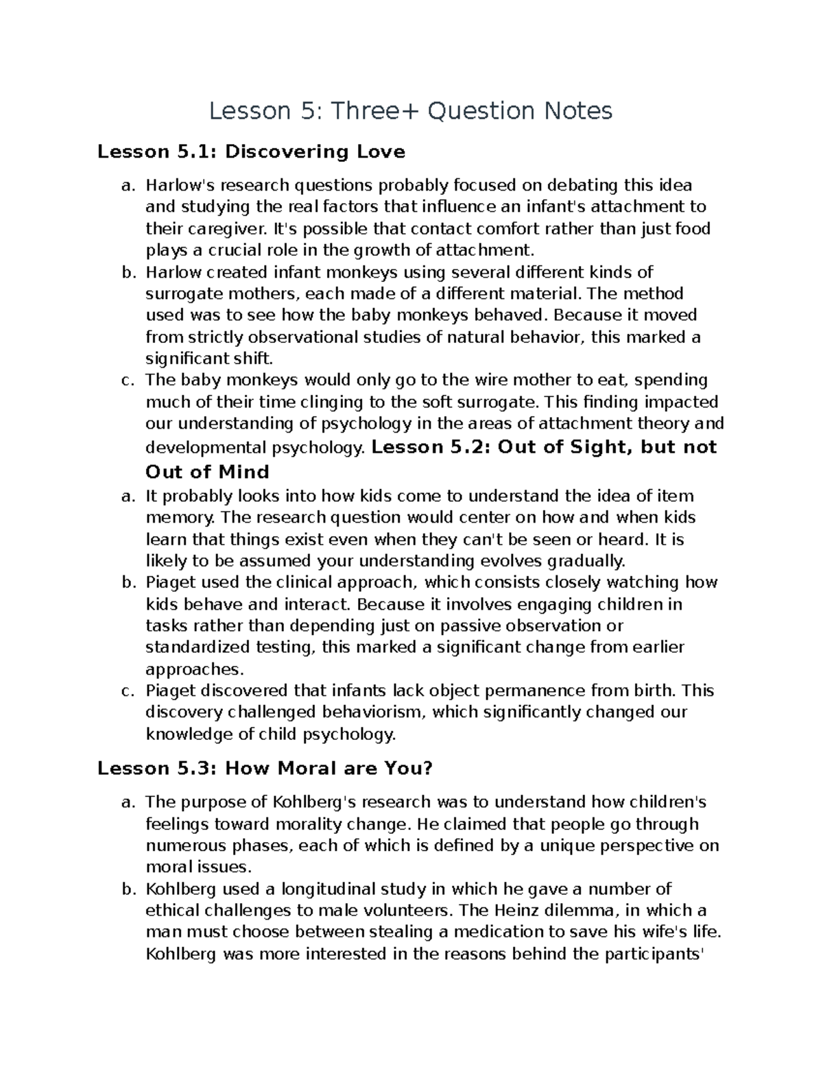 Lesson 5: Question Notes on Attachment, Memory, and Morality - Studocu