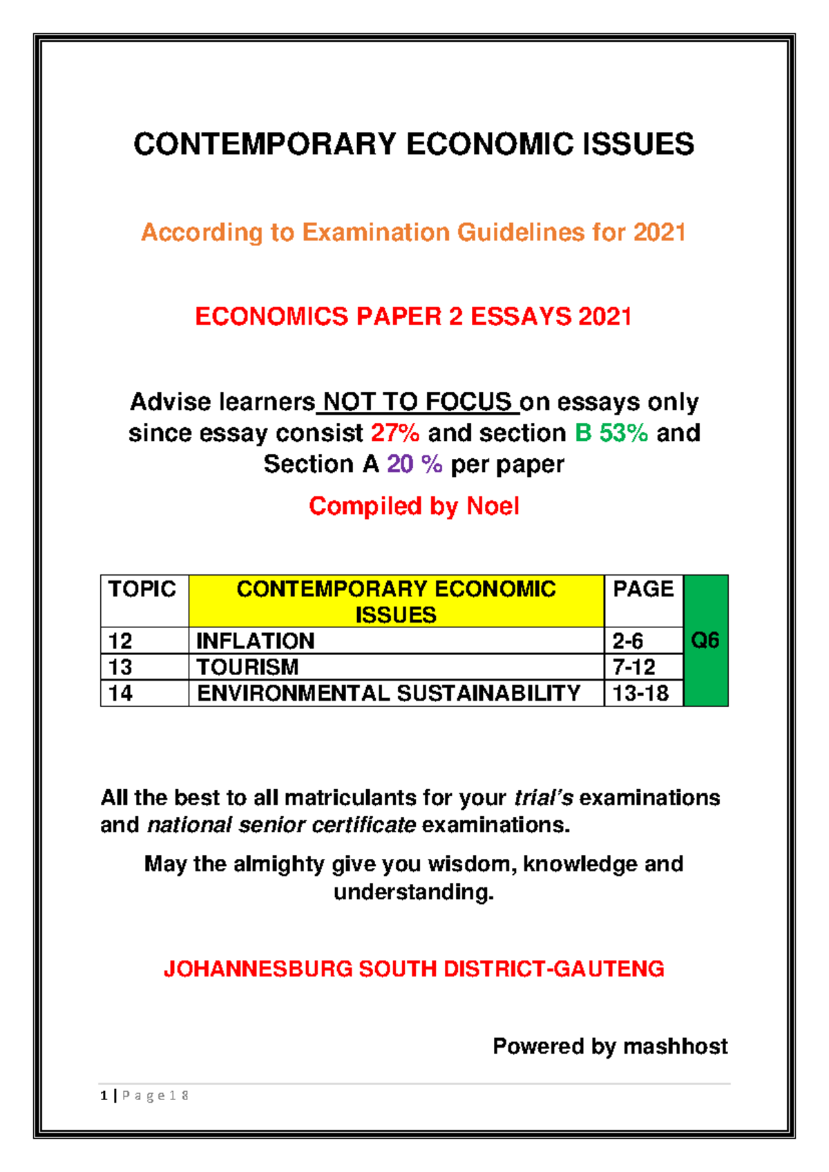 Contemporary Economic Issues Essays 2021 P2: Inflation & Tourism