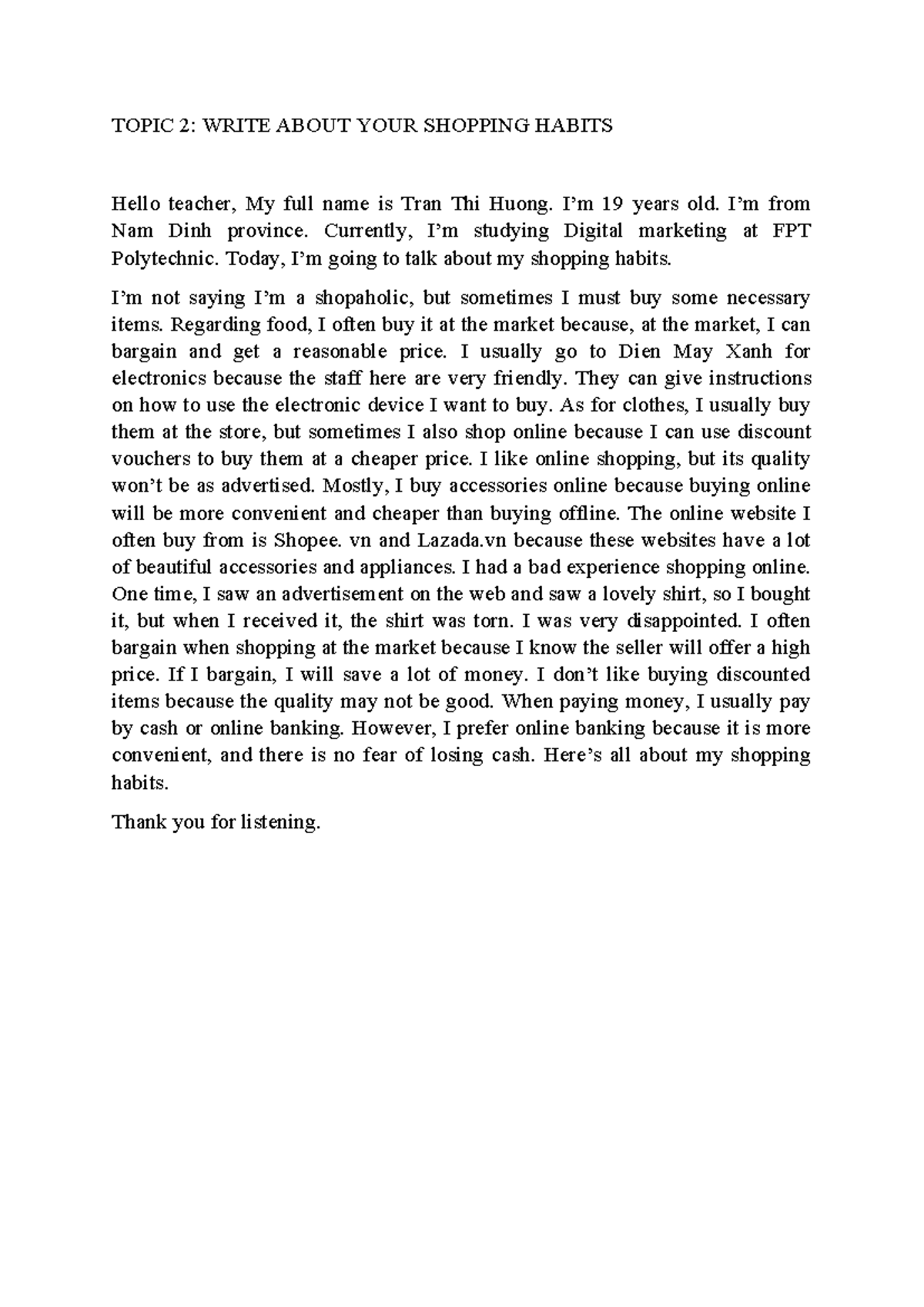 MY Shoppping Habits - tiếng anh 2.2 - TOPIC 2: WRITE ABOUT YOUR ...