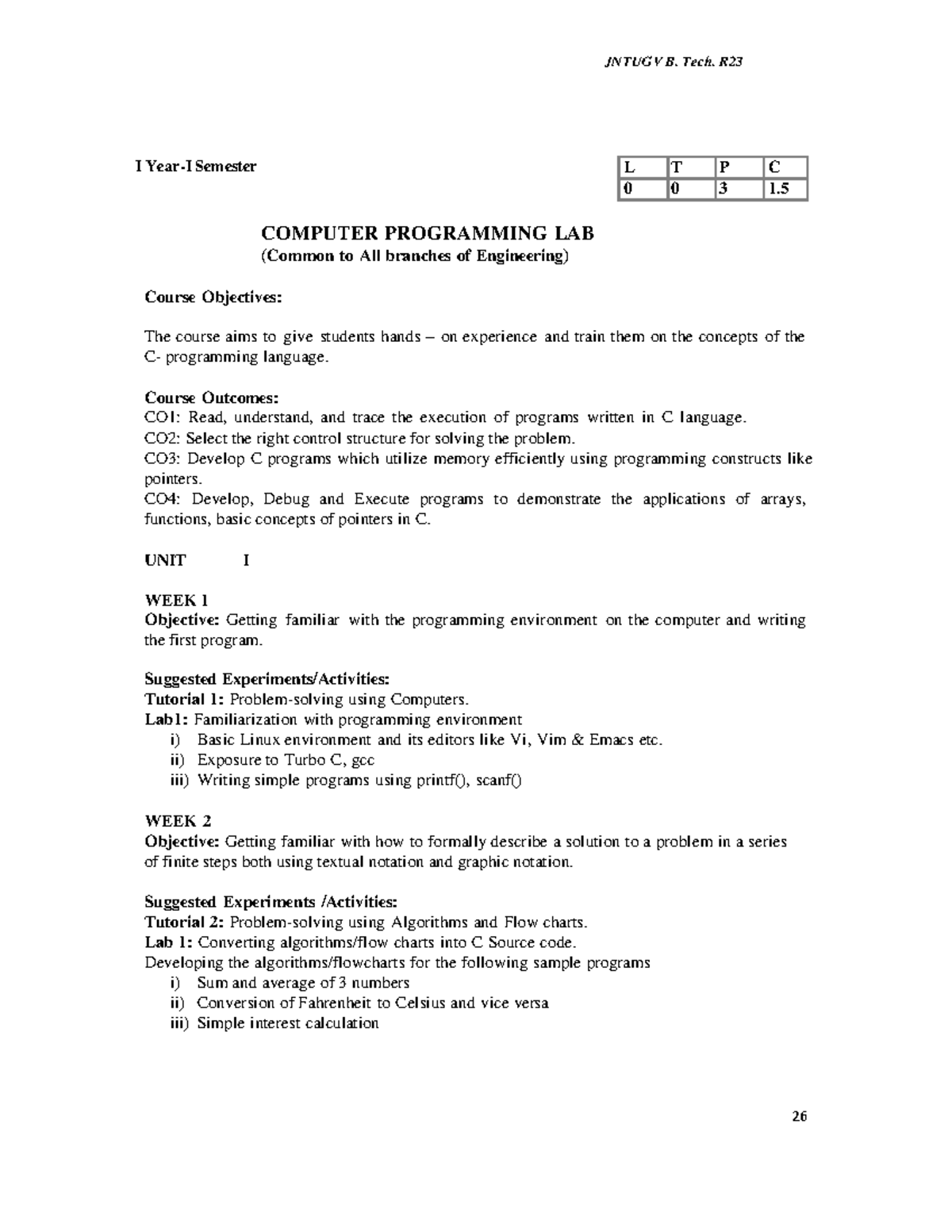 JNTUGV B. Tech. R23 I Sem Computer Programming Lab Notes - Studocu