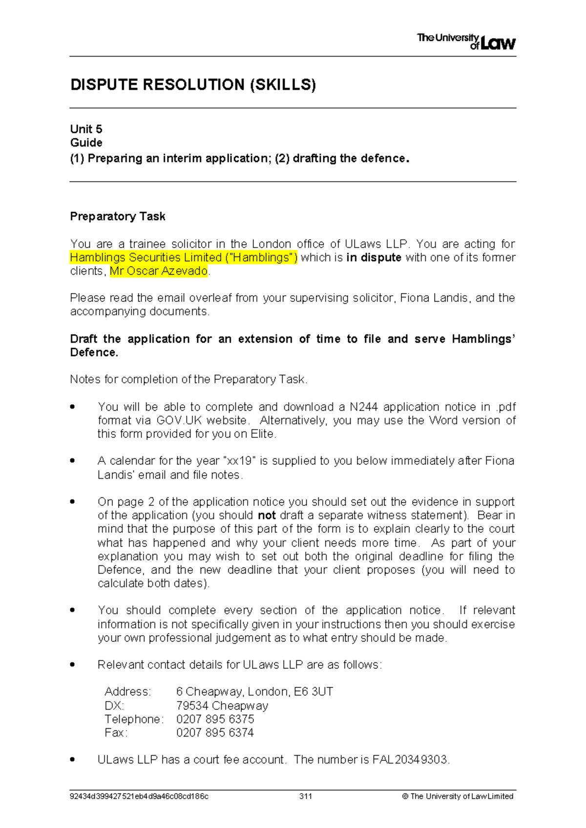 DISPUTE RESOLUTION (SKILLS) - Unit 5: Drafting an Interim Application ...