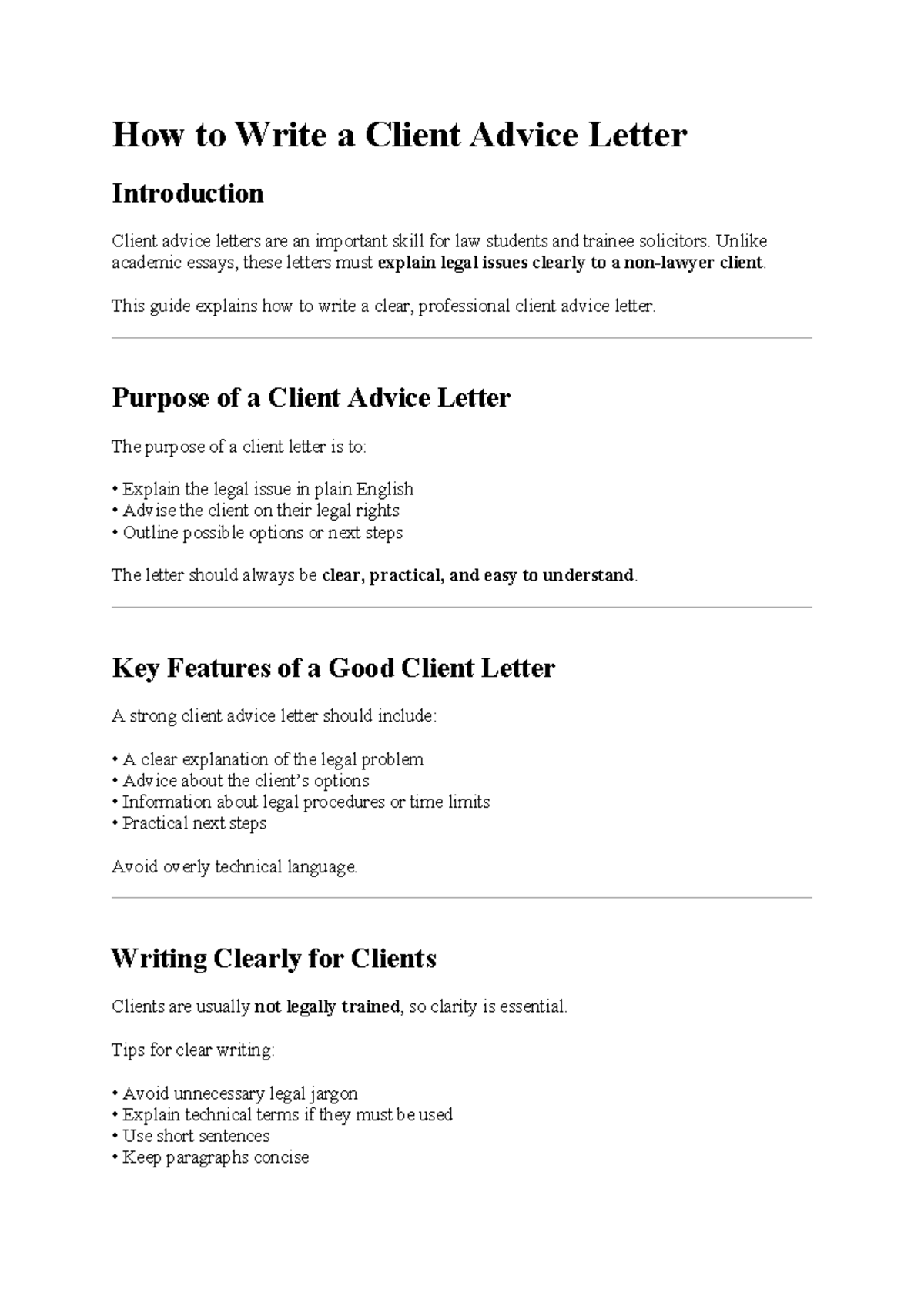 Client Advice Letter Writing Guide for Law Students - Studocu