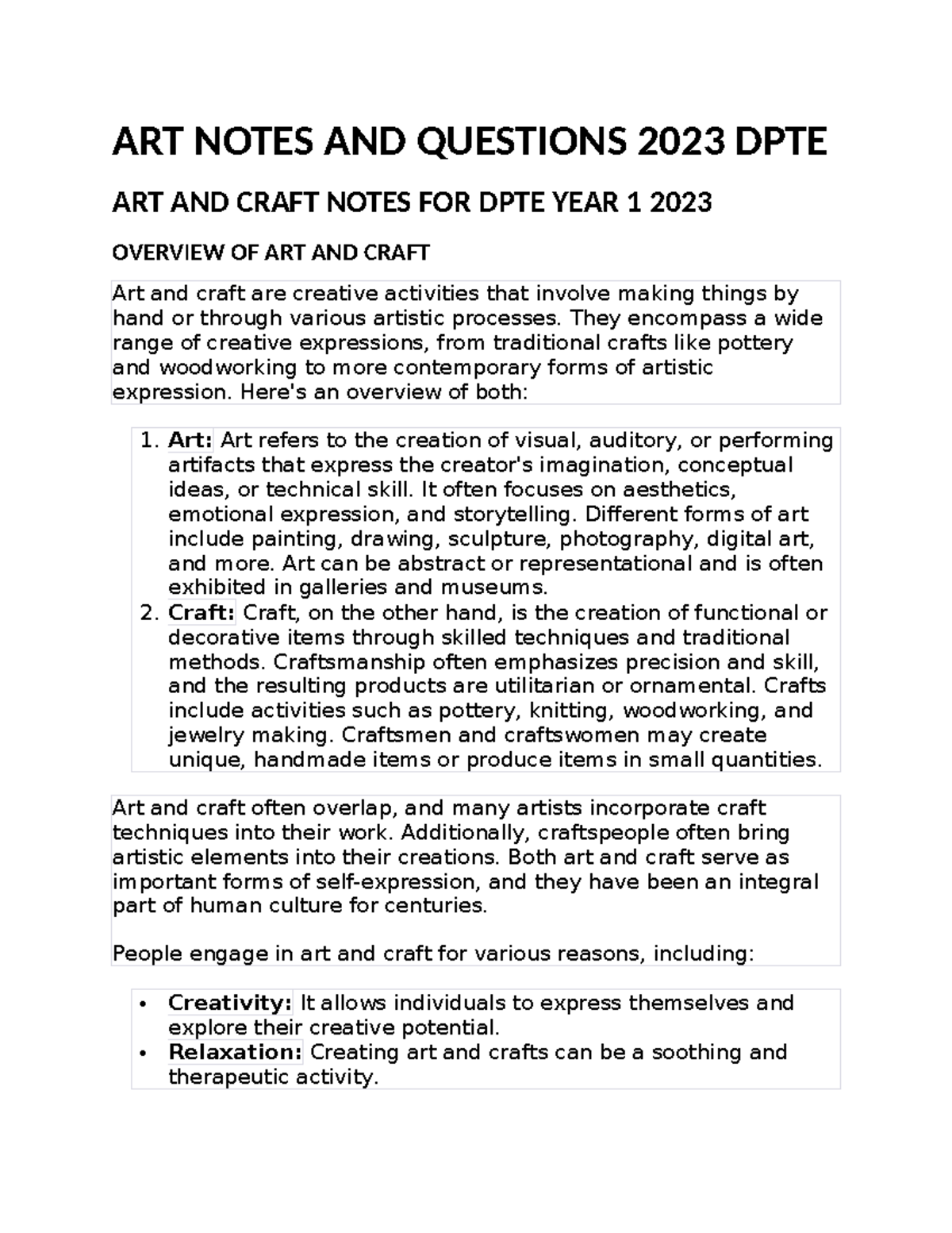 ART & CRAFT NOTES 2023 DPTE YEAR 1: OVERVIEW & QUESTIONS - Studocu