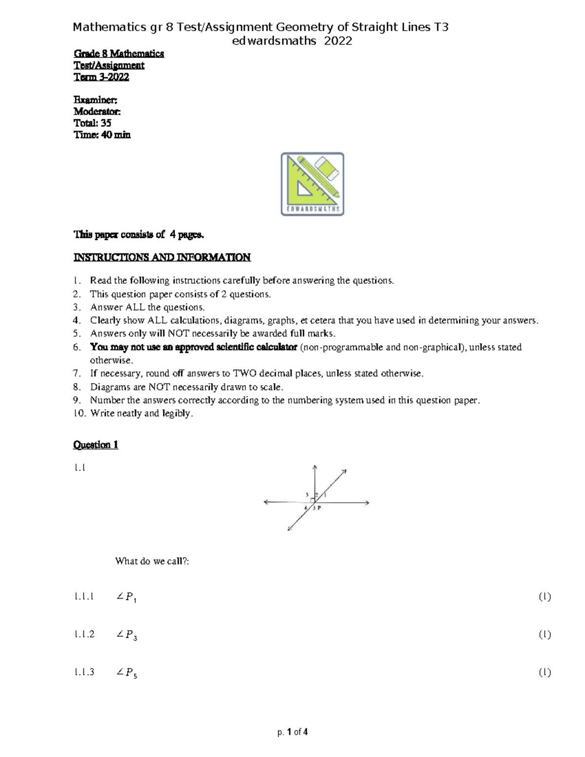 Gr 8 Geometry of Straight Lines T3 Memo 2022 - Studocu