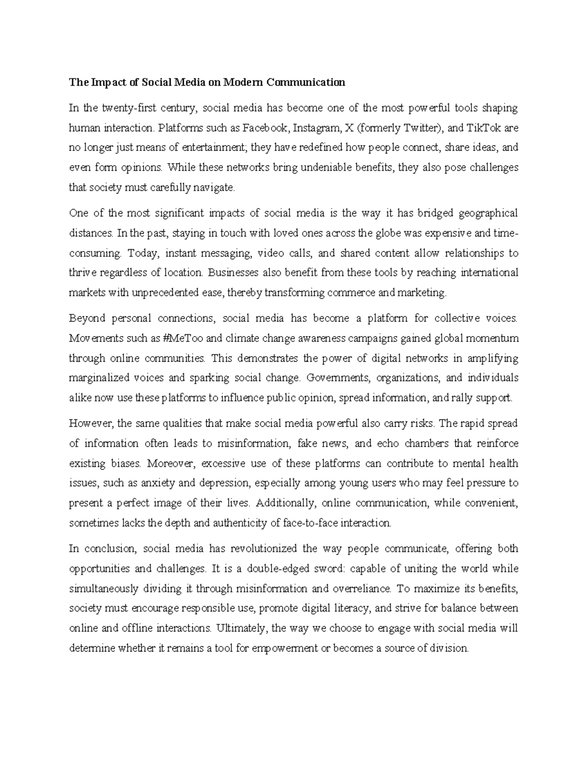 The Impact of Social Media on Modern Communication: A Study - Studocu