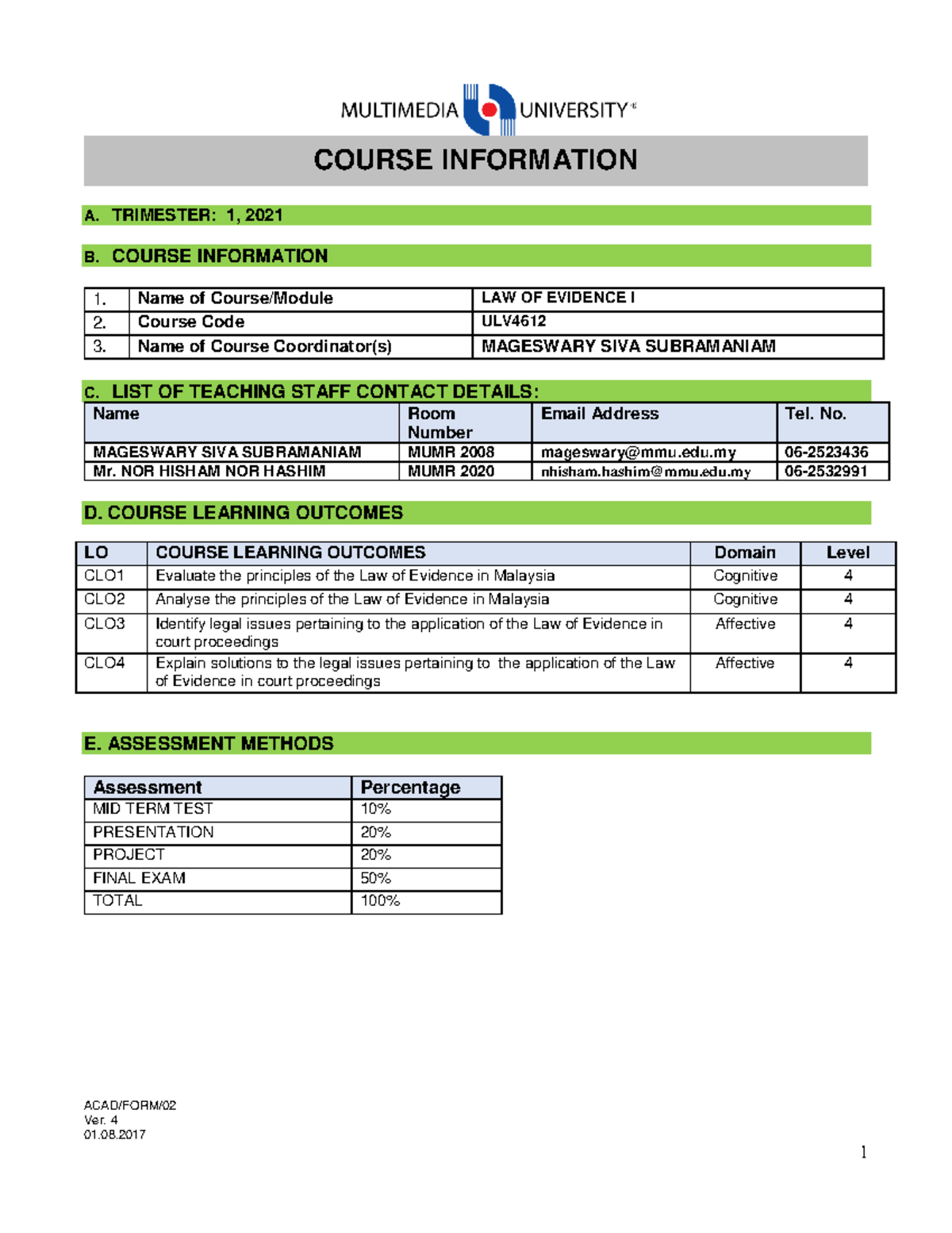 Course Information: LAW OF EVIDENCE I (ULV) - Trimester 1, 2021 - Studocu