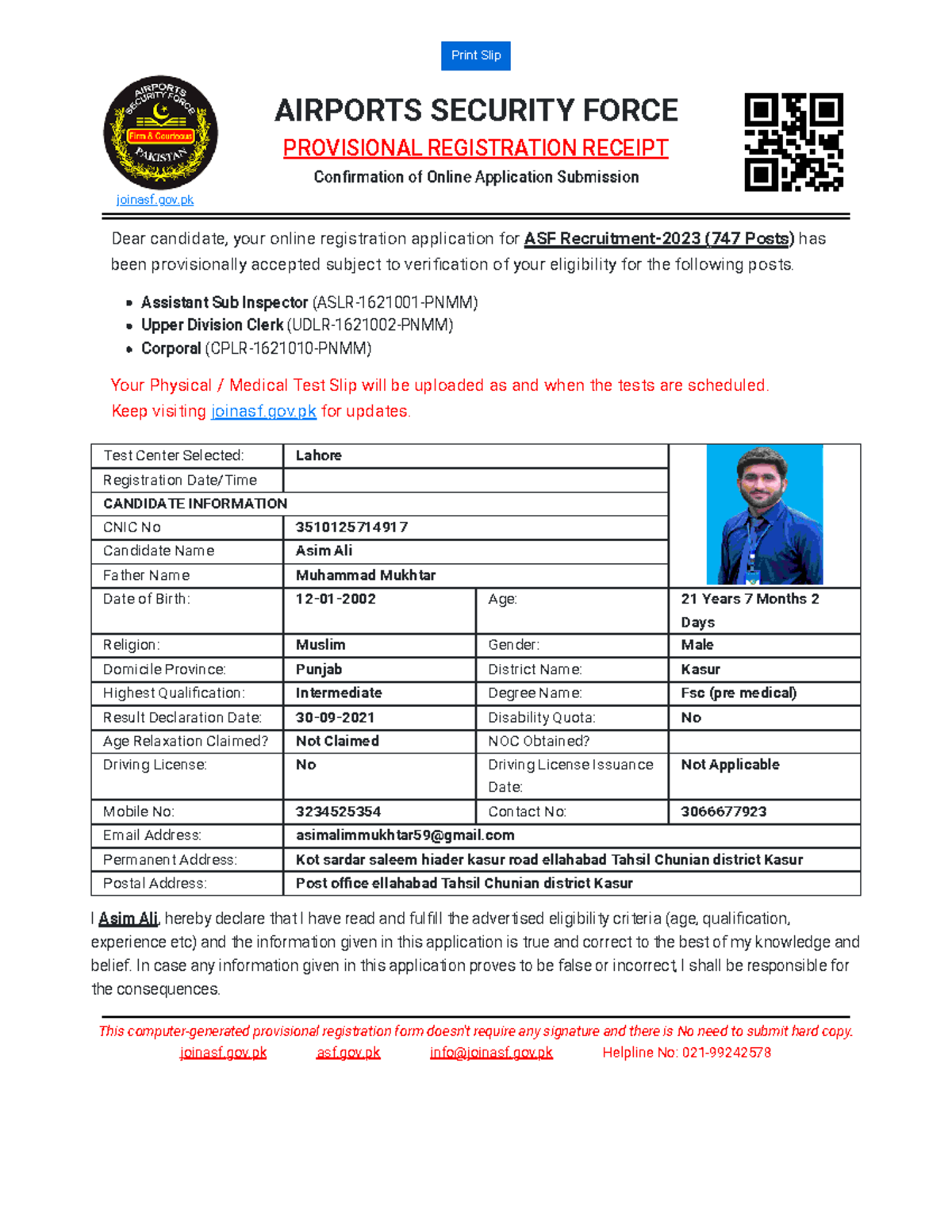 Airport Security Forces - Print Slip Dear candidate, your online ...