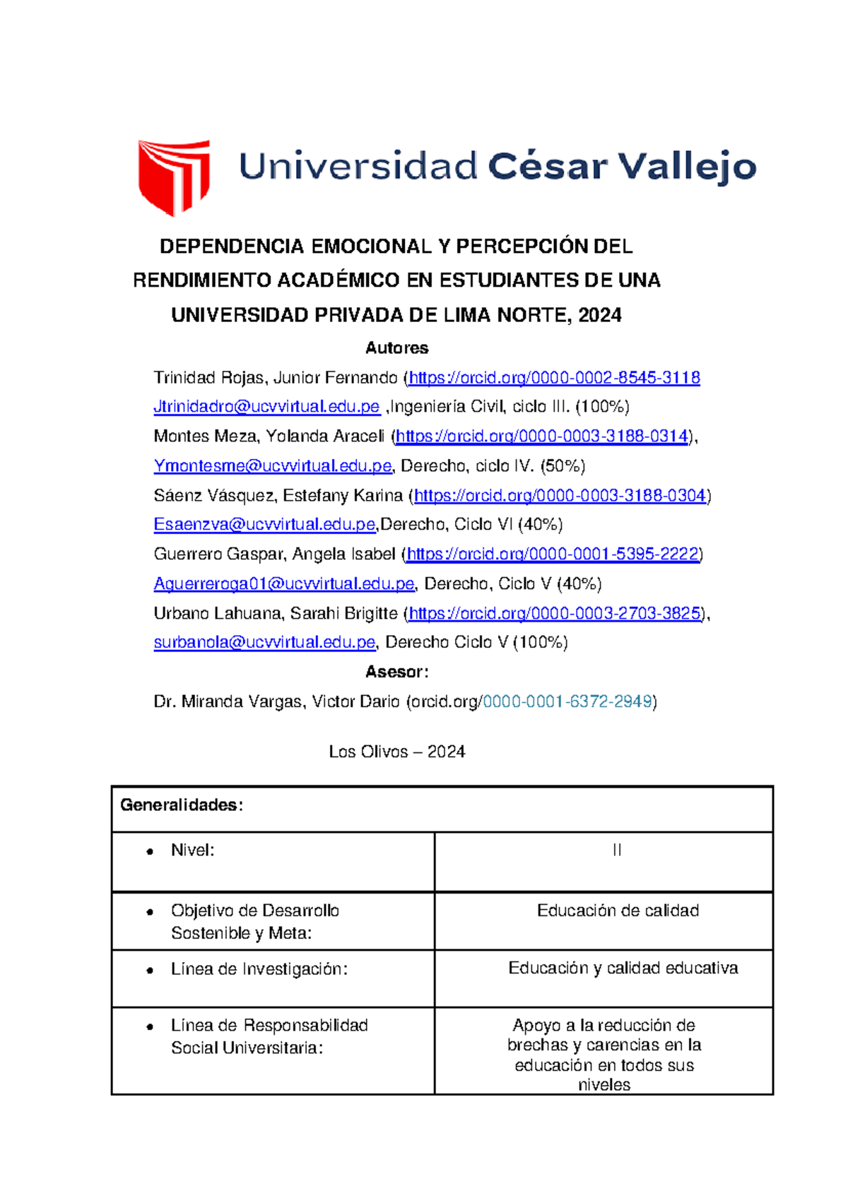 Dependencia emocional y rendimiento académico en estudiantes de Lima Norte, 2024 - Document Preview