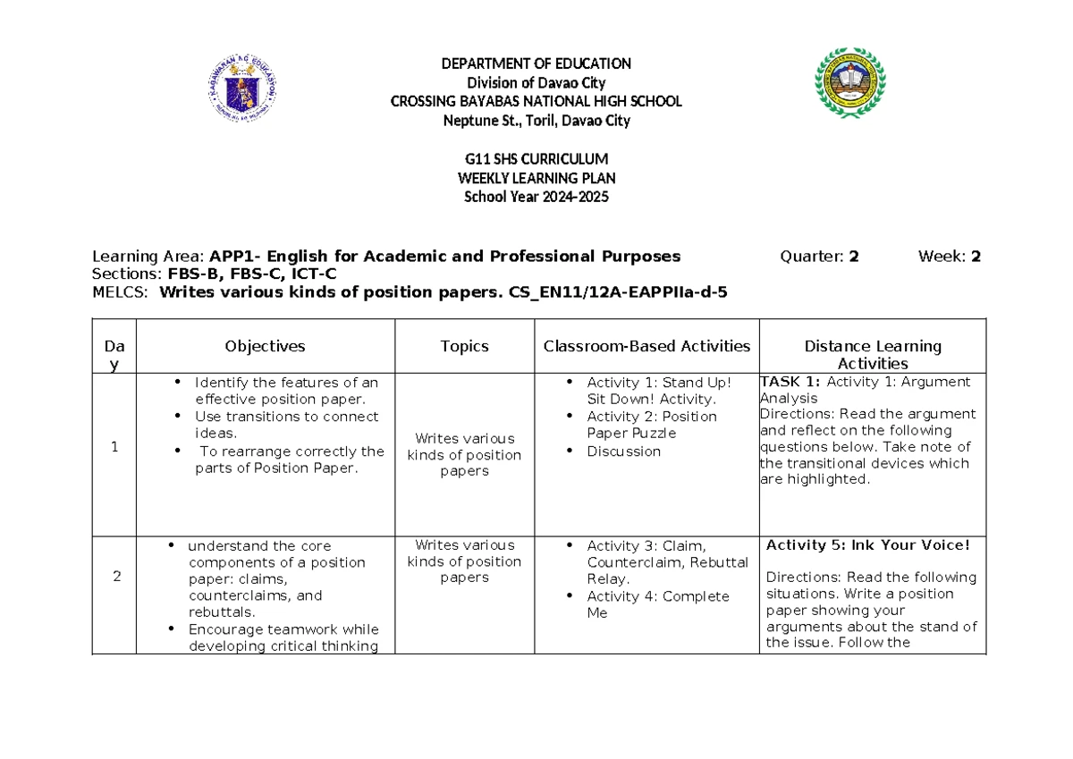 Weekly Learning PLAN & MOVs FOR Blended Learning - DAY 4 - Address ...