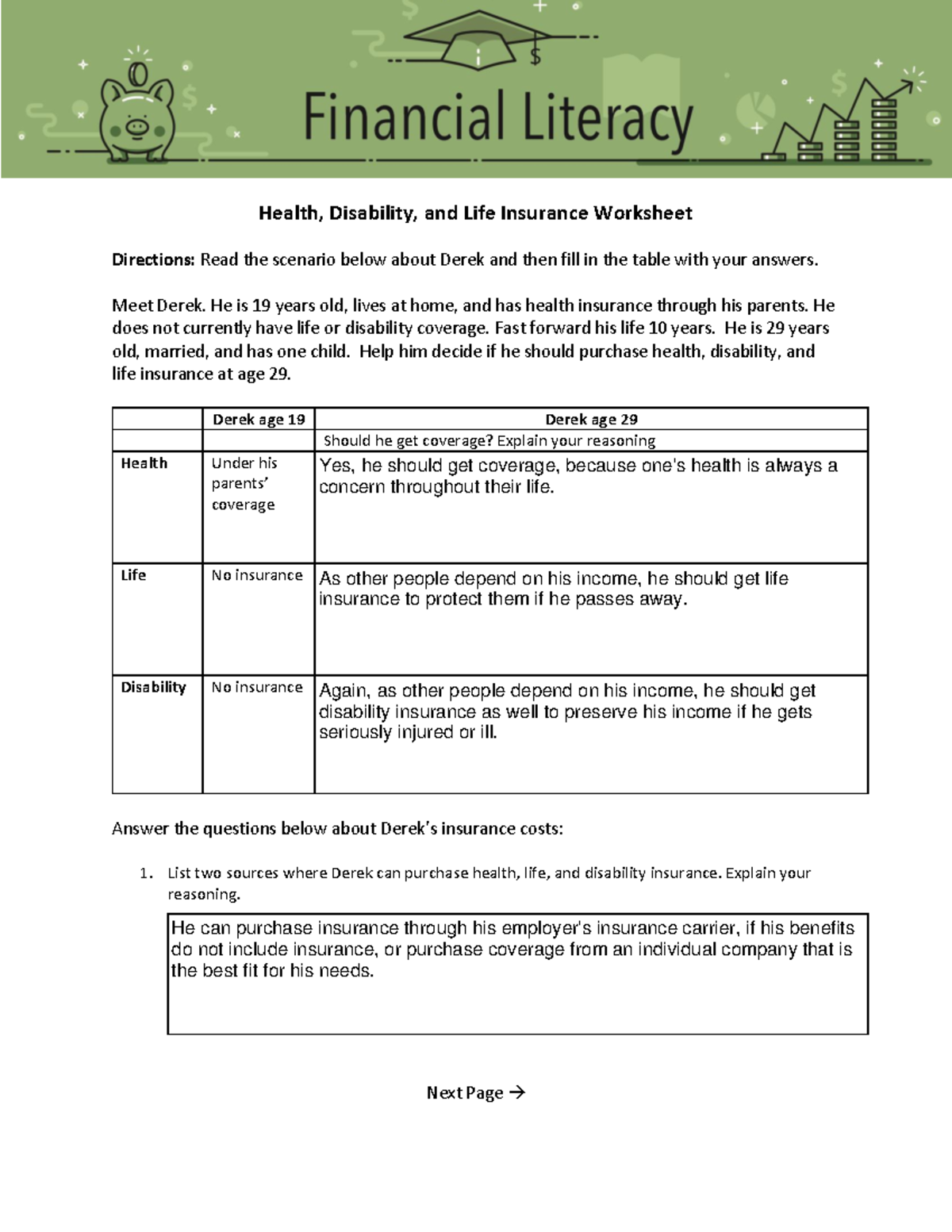 Health, Disability, and Life Insurance Worksheet Analysis - Studocu