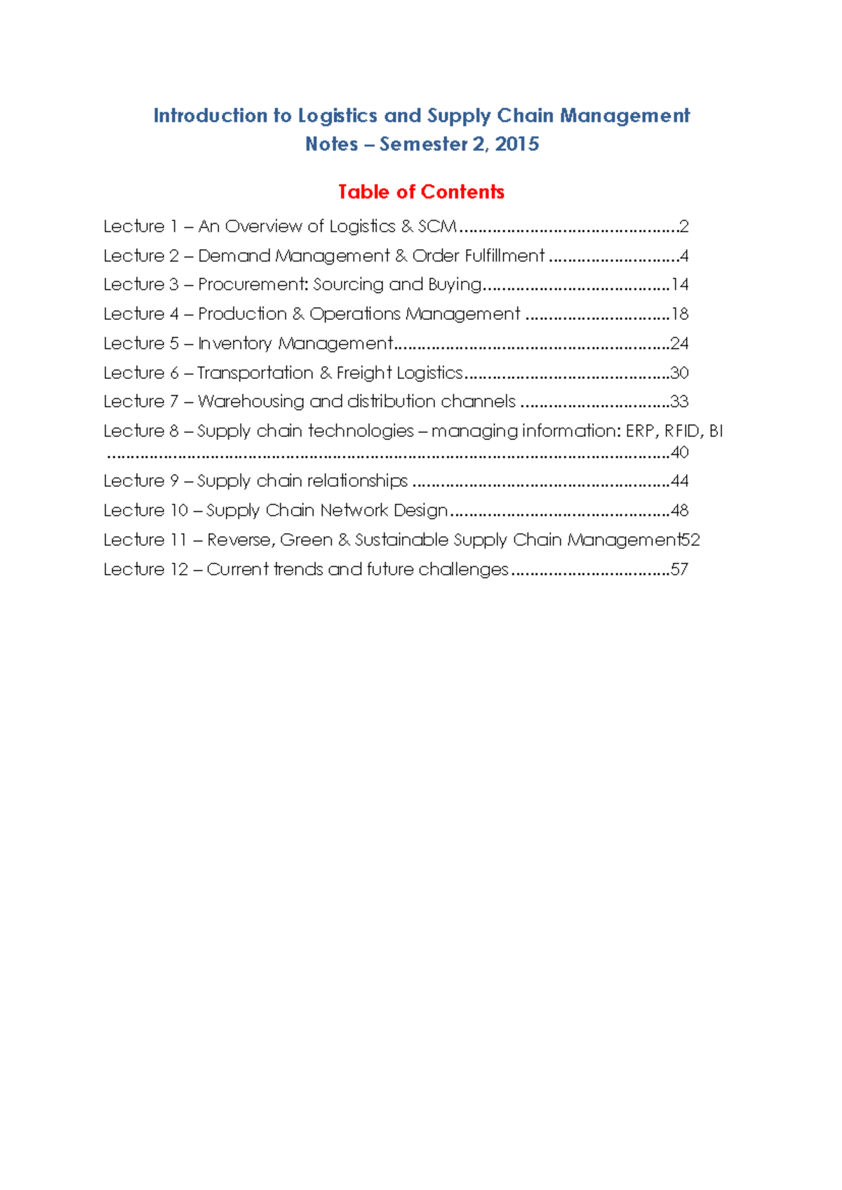 Logistics and SCM Lecture Notes - High Distinction (Semester 2) - Studocu
