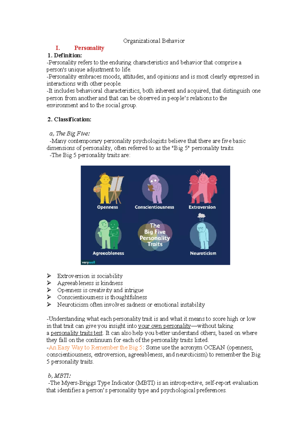 Organizational Behavior I: Personality Traits and Influences - Studocu