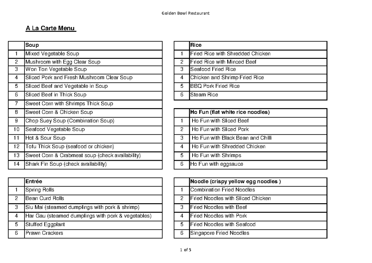 Golden Bowl Restaurant A La Carte Menu - GB Menu List - Studocu