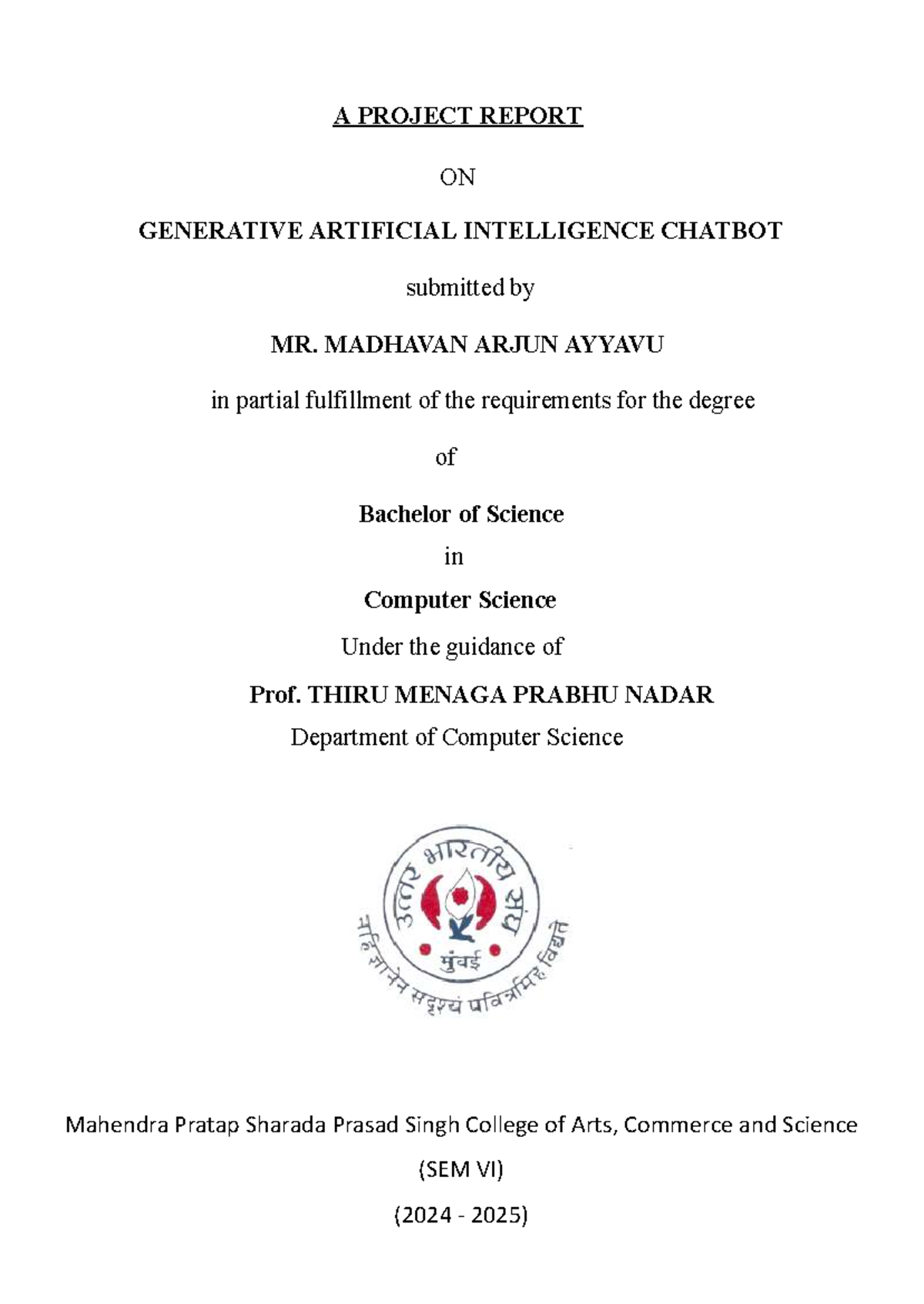 Generative AI Chatbot Project Report (B.Sc. CS SEM VI) - Studocu