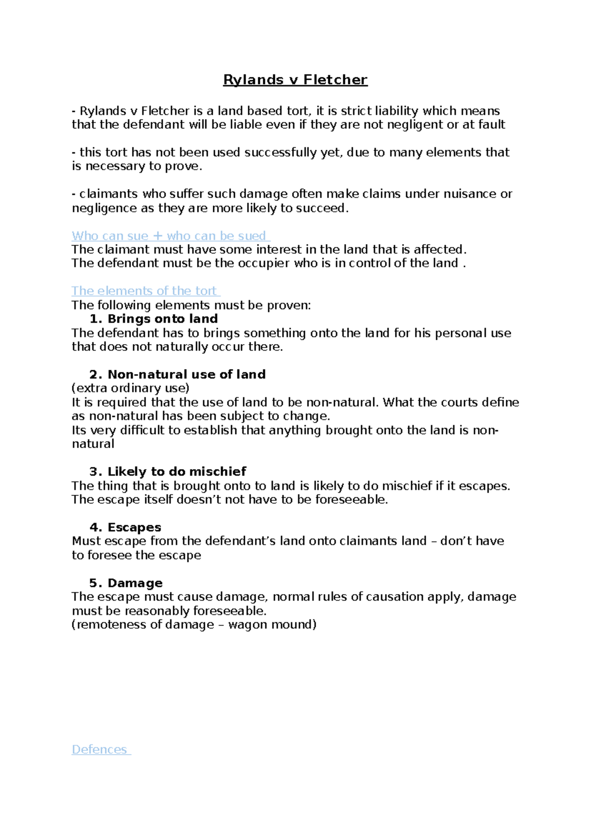 Rylands v Fletcher Tort Law Summary for Final Exams - Revision Sheet ...