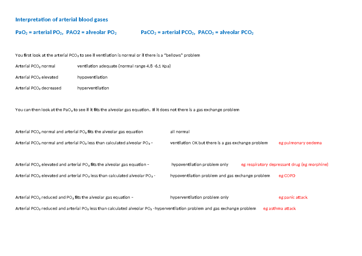 Interpretation of Arterial Blood Gases: PaO2 & PaCO2 Analysis - Studocu