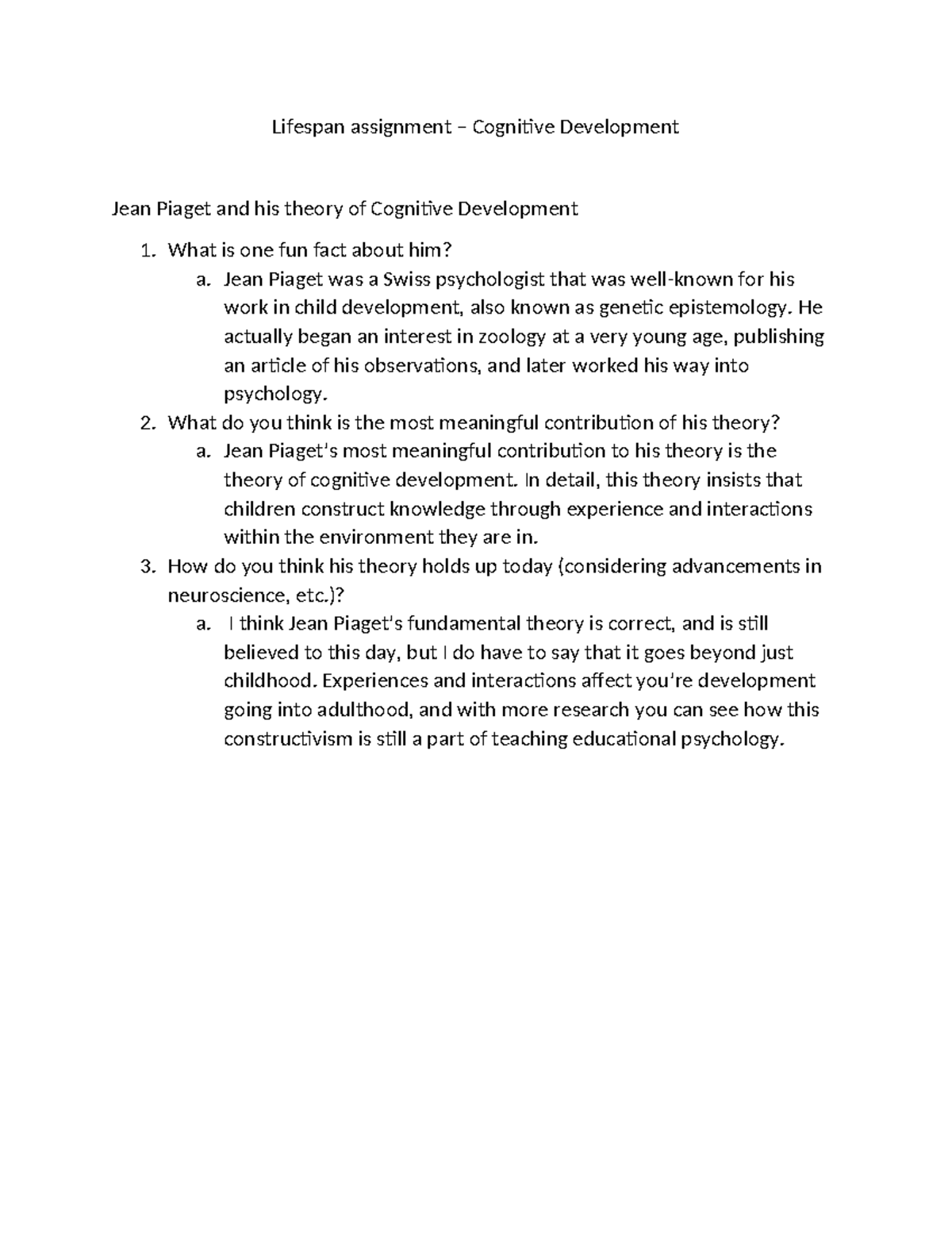 Psyc-103 jean piaget - Study material - Lifespan assignment – Cognitive ...