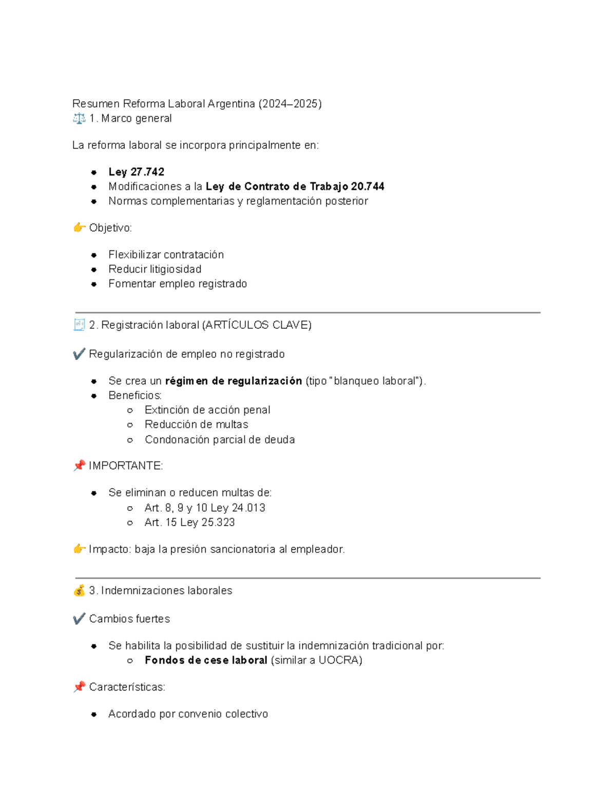 Resumen de la Reforma Laboral en Argentina - Derecho de Trabajo - Studocu