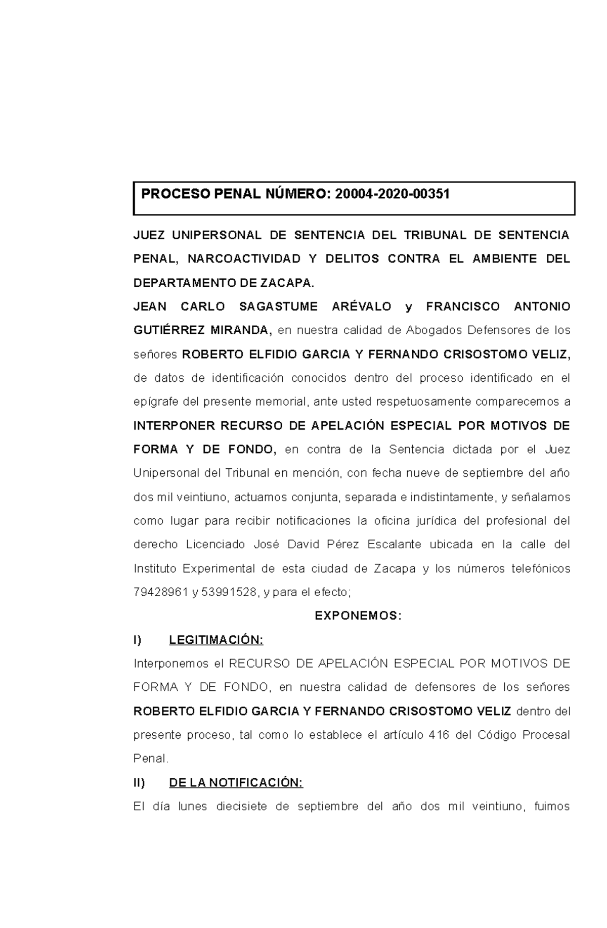 Apelación Especial a la Sentencia del Juez Unipersonal PE 20004-2020 - Document Preview