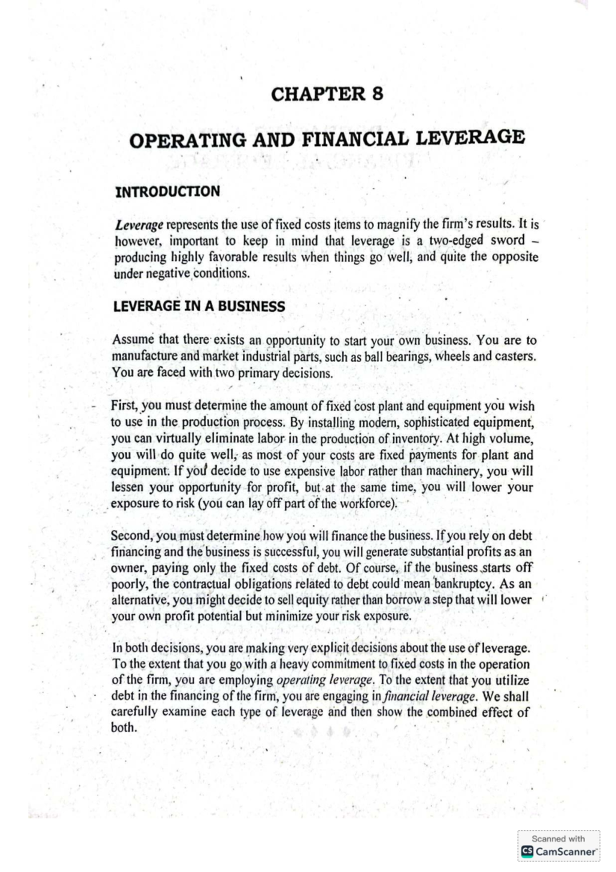CHAPTER 8: OPERATING AND FINANCIAL LEVERAGE - CVP ANALYSIS NOTES - Studocu