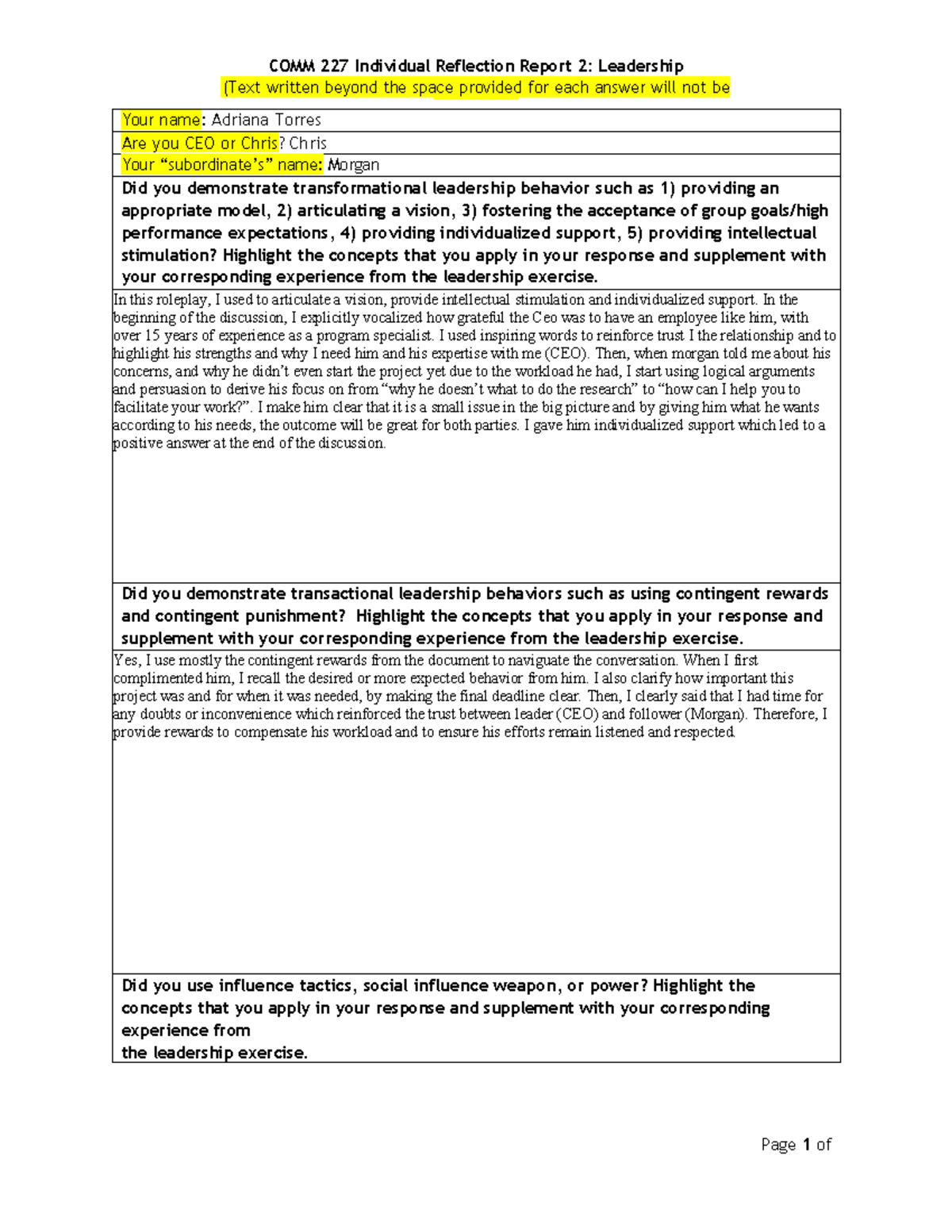 COMM 227 Individual Reflection Report 2: Leadership Insights - Studocu