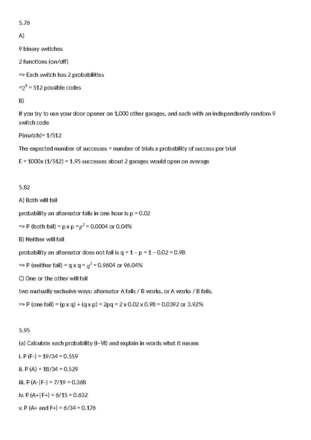 Answer Key for Chapter 5 Probabilities (5.76) - Studocu