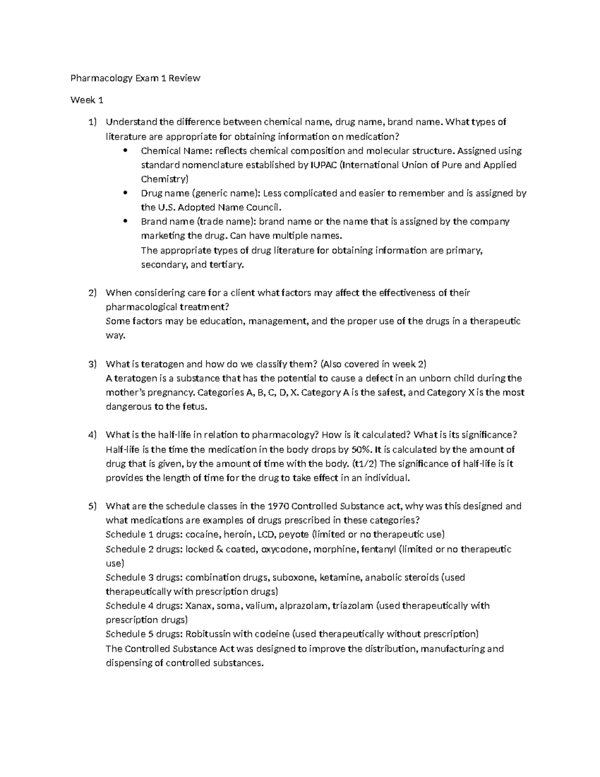 Exam1 Review Pharm - Pharmacology Exam 1 Review Week 1 1) Understand ...