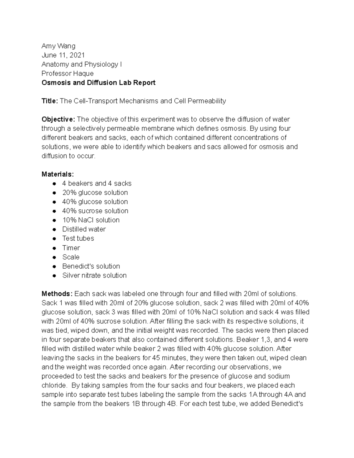 Anatomy and Physiology I: Osmosis & Diffusion Lab Report - Studocu
