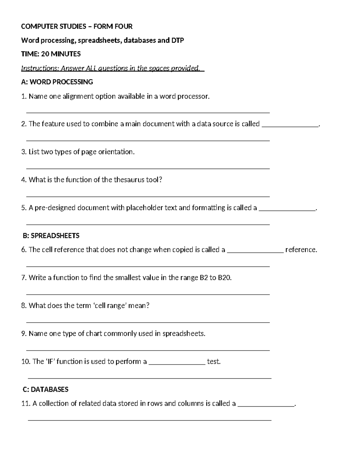 COMPUTER STUDIES FORM FOUR TAT 3 FEB 2026 - Practical Exercise - Studocu