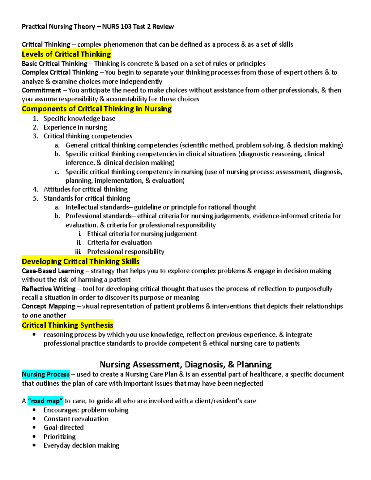 NURS 103 Test 2 Review - Critical Thinking and Nursing Process Notes ...