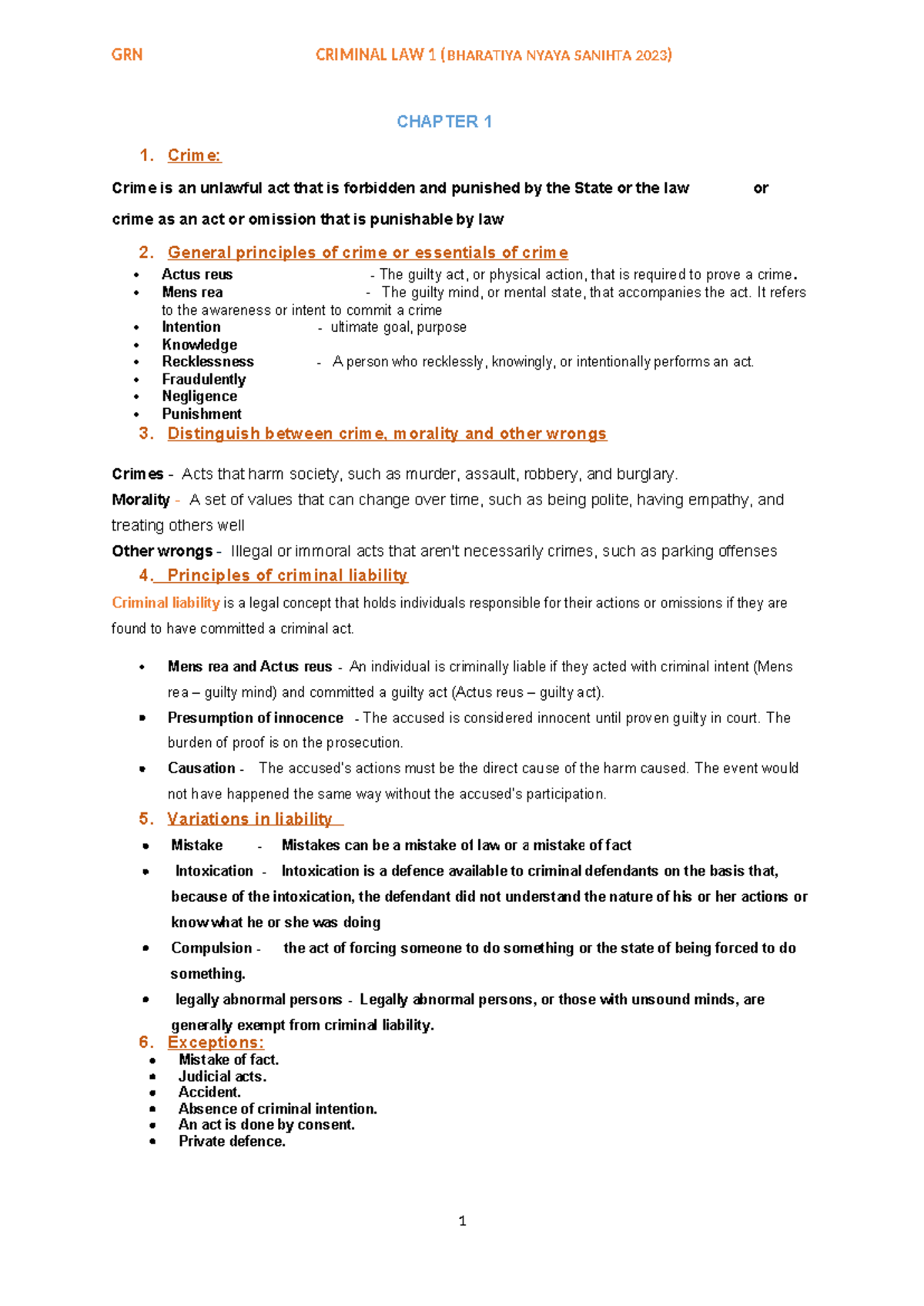 Criminal Crime 1 - Notes - CHAPTER 1 1. Crime: Crime is an unlawful act ...