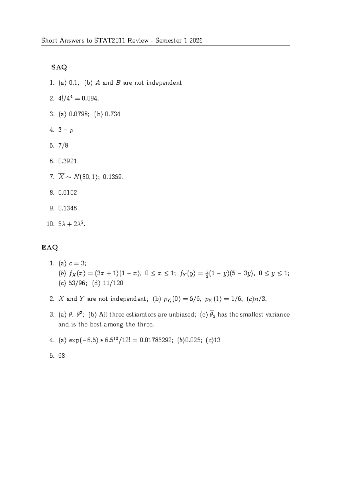 Review Practice Exam Solutions for STAT2011 Semester 1 2025 - Studocu