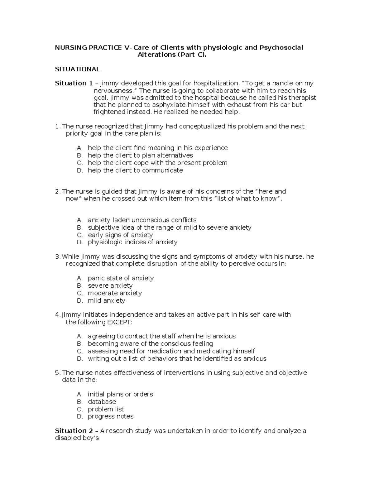 Nursing-Practice V - Practice Exam - NURSING PRACTICE V- Care of ...