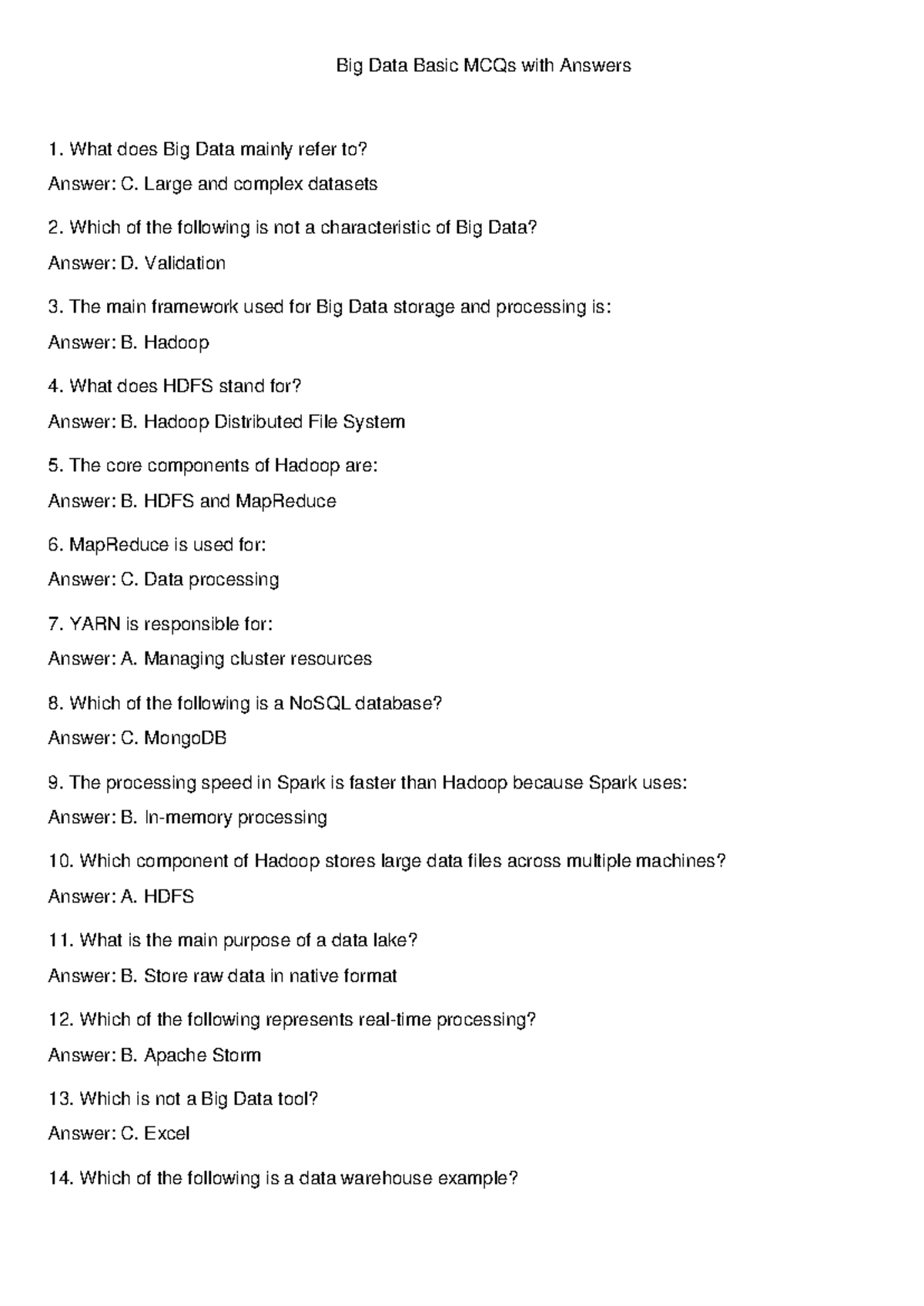 Big Data Basics MCQs & Answers for Exam Preparation - Studocu