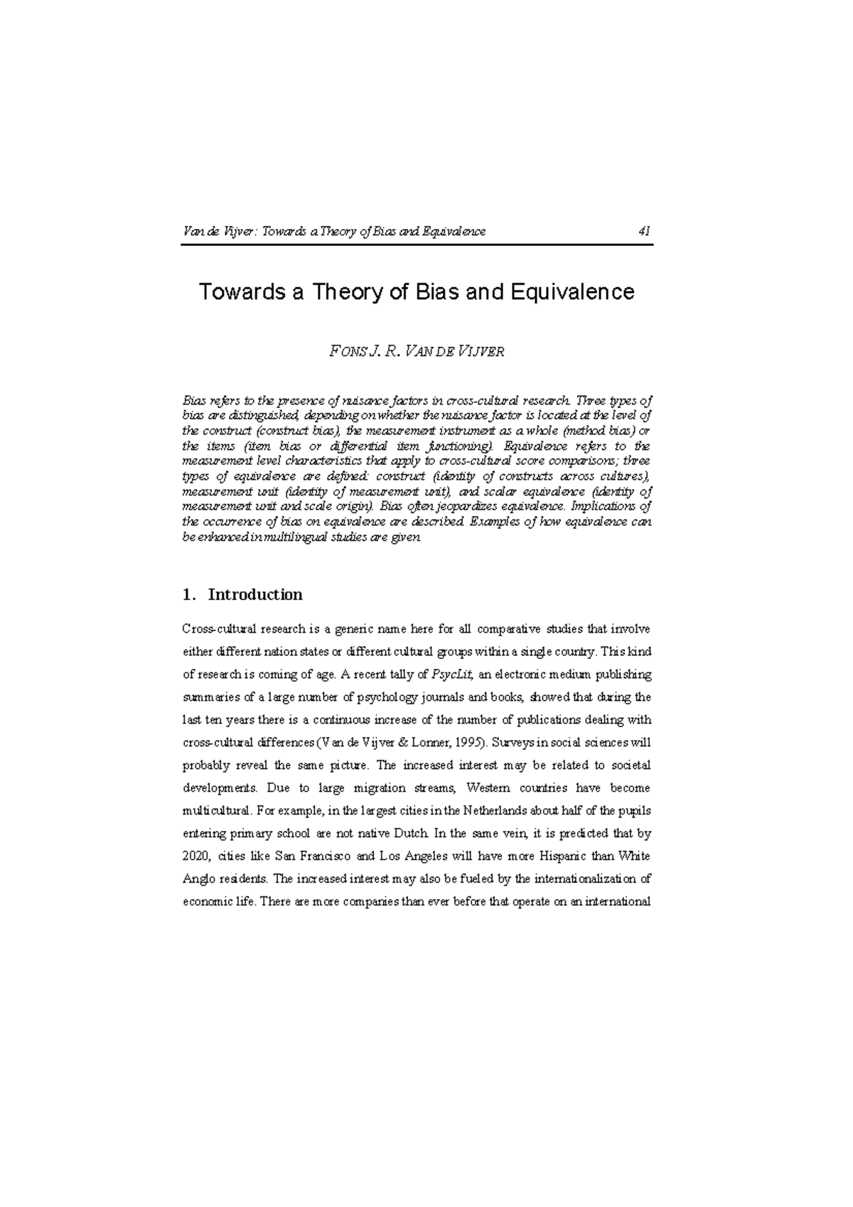 Towards a Theory of Bias and Equivalence - Study Insights by Van de ...