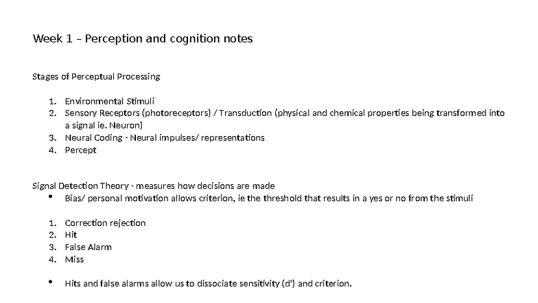 Week 1 PSY 101 Perception & Cognition Notes on Stages of Processing ...