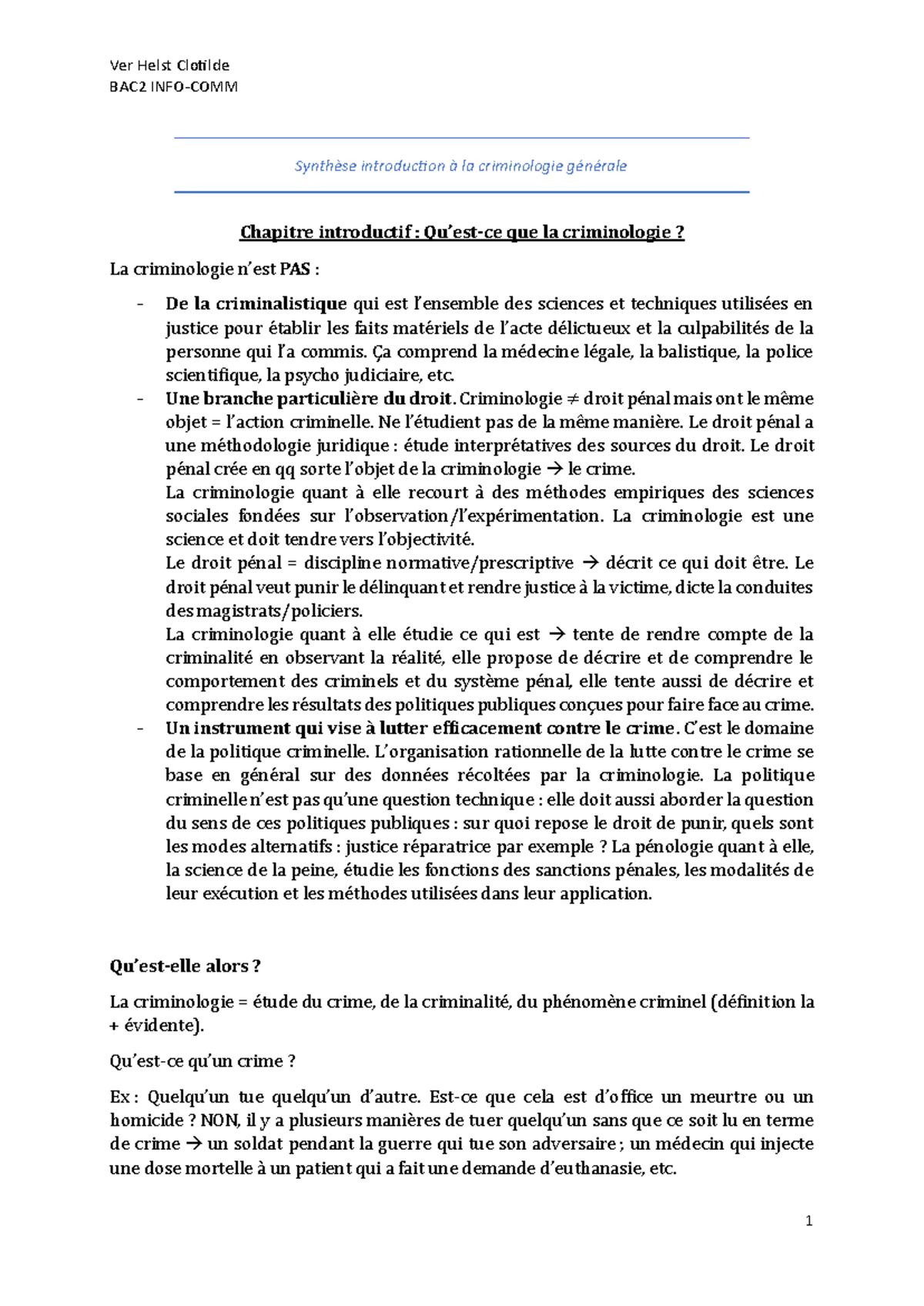 Synthèse BAC2 Introduction à la Criminologie Générale et ses Concepts — free download
