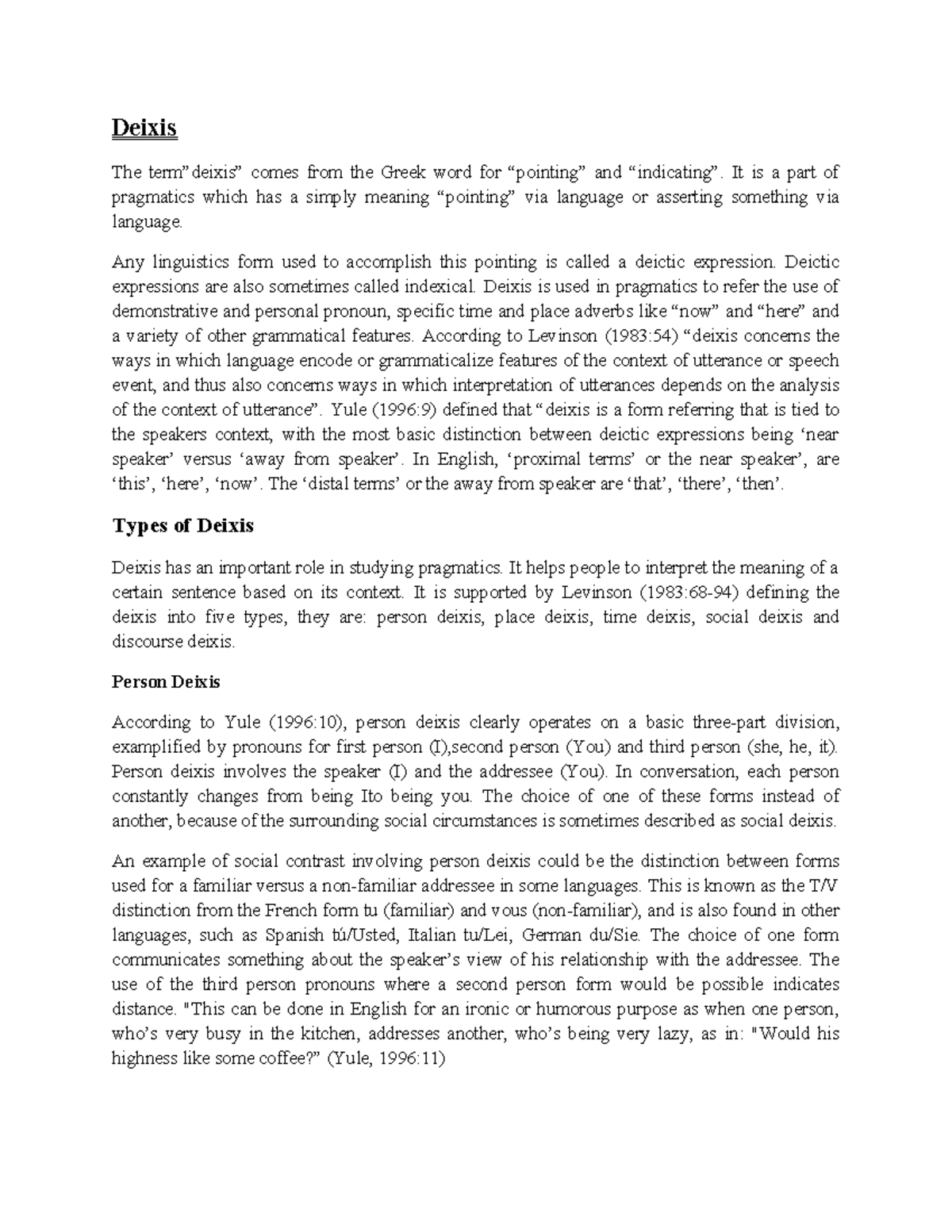 DEIXIS REPORT IN LINGUISTICS: A PRAGMATIC ANALYSIS - Studocu