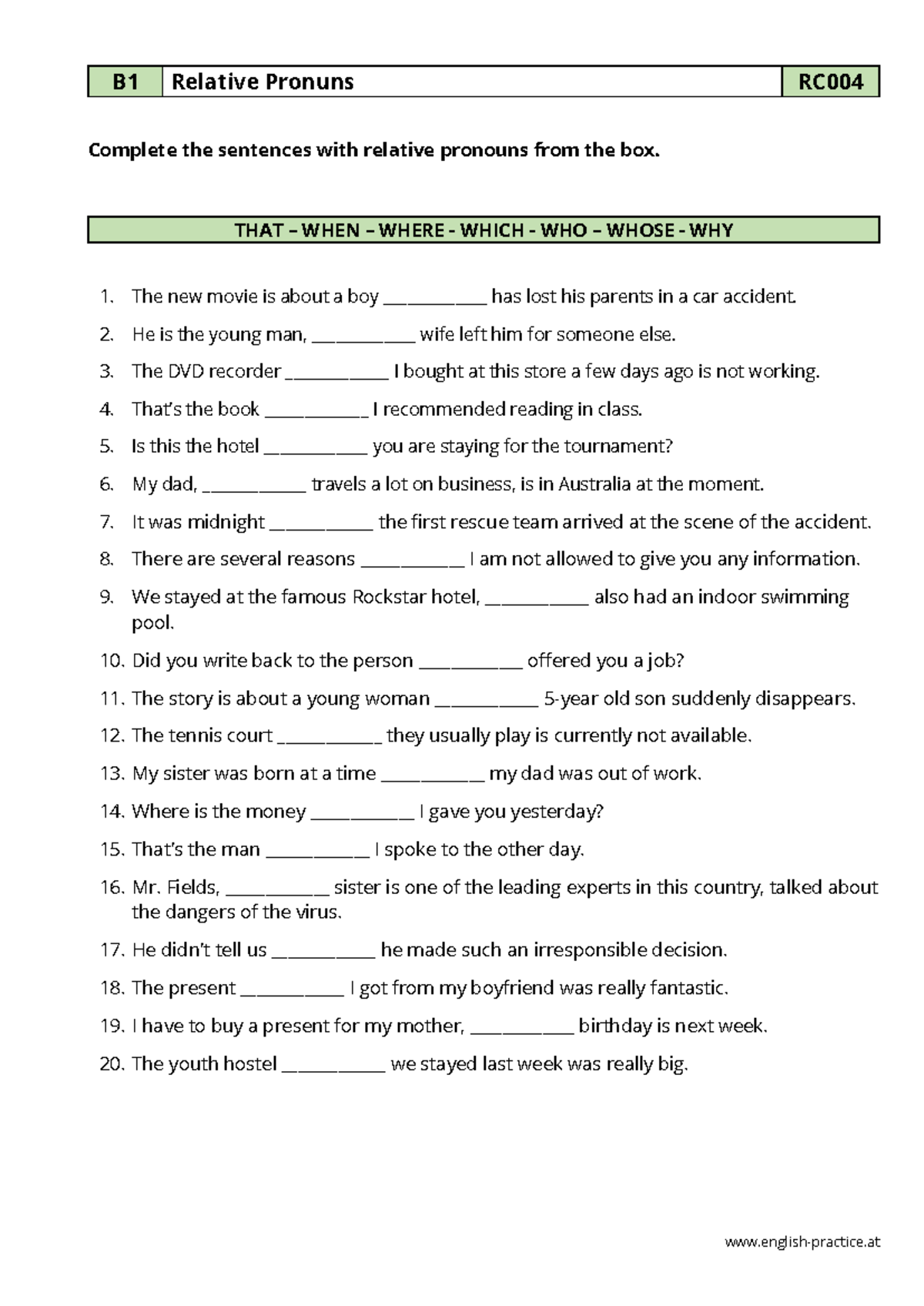 RC004 Relative Pronouns Exercise: Complete the Sentences - Studocu