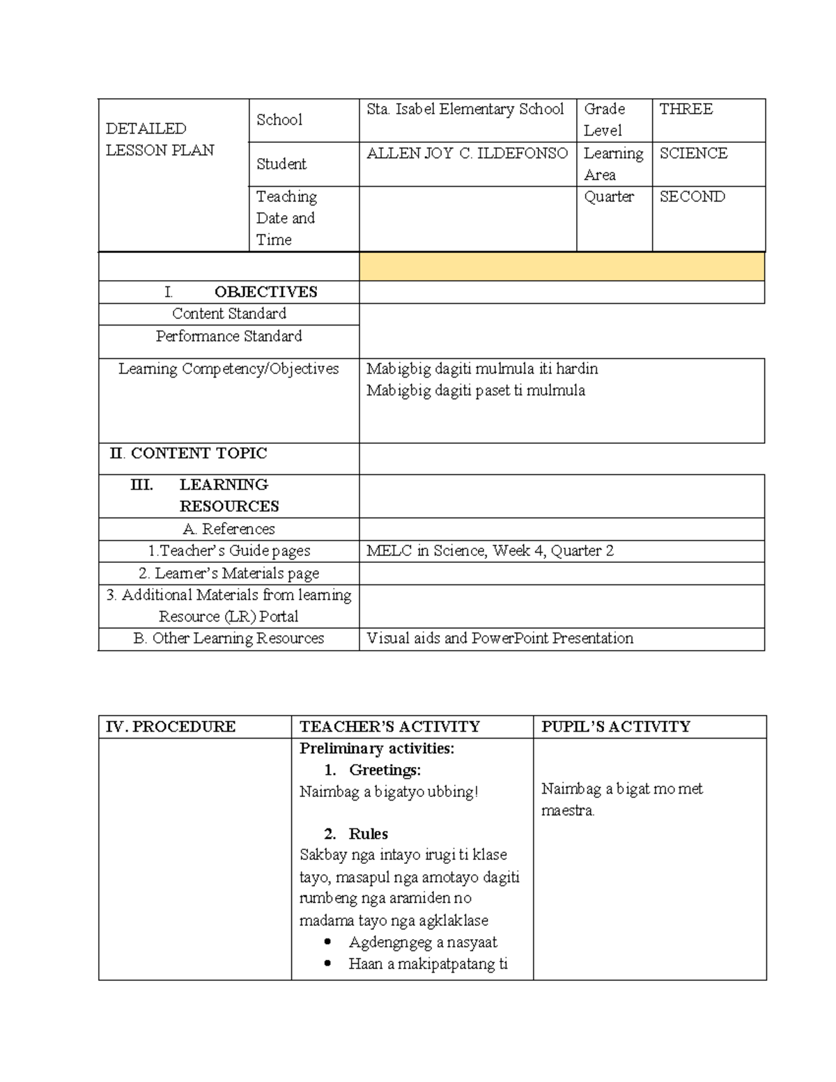 Science 3 Detailed Lp allen - DETAILED LESSON PLAN School Sta. Isabel ...
