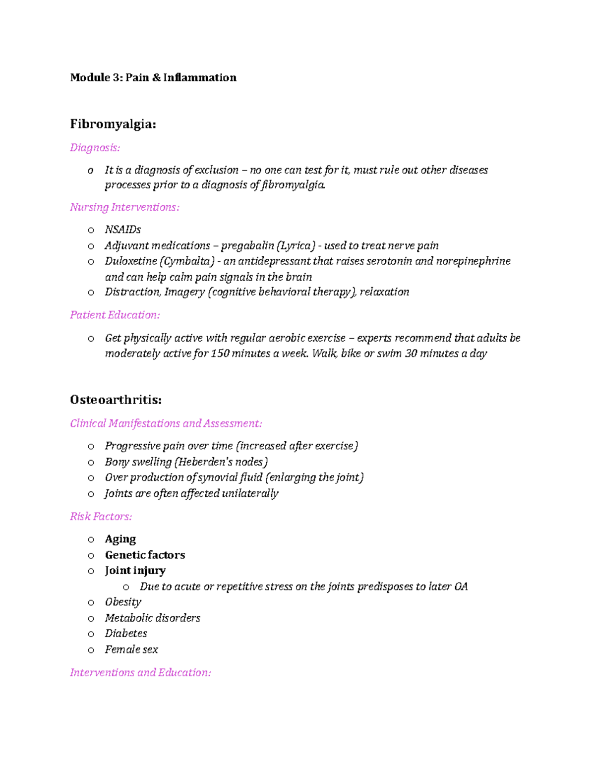Med Surg Exam 2 Study Notes: Pain & Inflammation Overview - Studocu