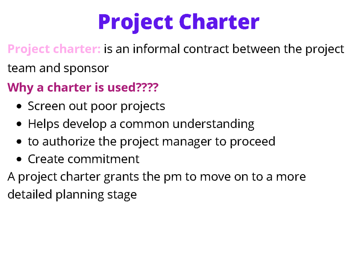 Project Charter - Project Charter Screen out poor projects Helps ...