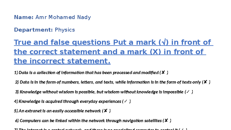 Physics True/False Questions - Amr Mohamed Nady - Studocu
