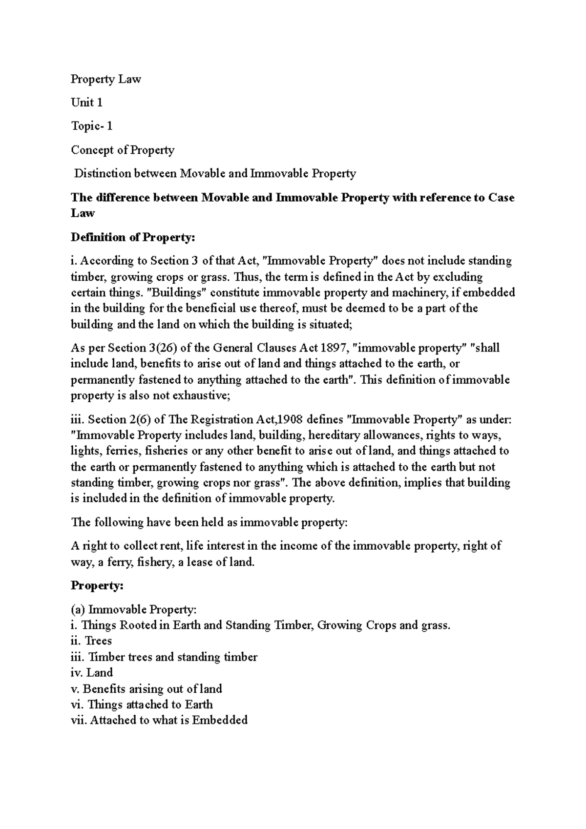 Property Law - Unit 1 Lecture Notes: Concepts & Key Provisions - Studocu