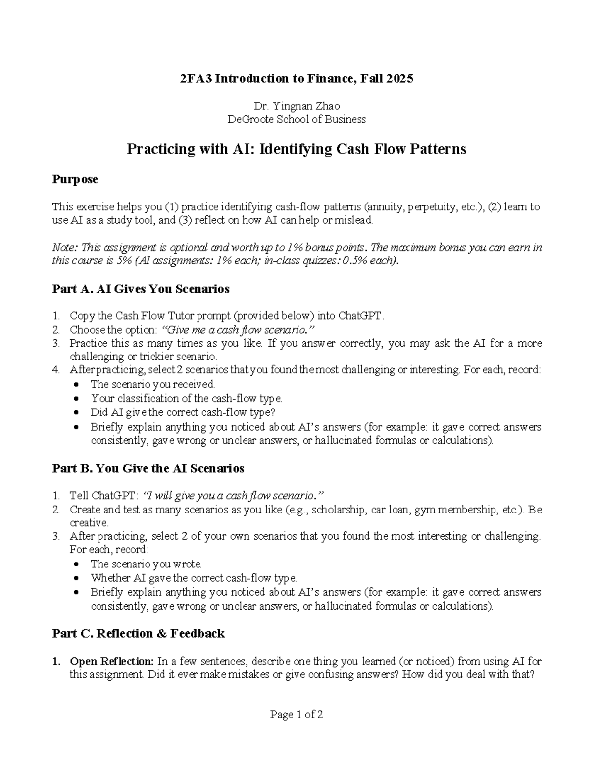 2FA3 Finance Assignment 1: Practicing AI Cash Flow Patterns - Studocu