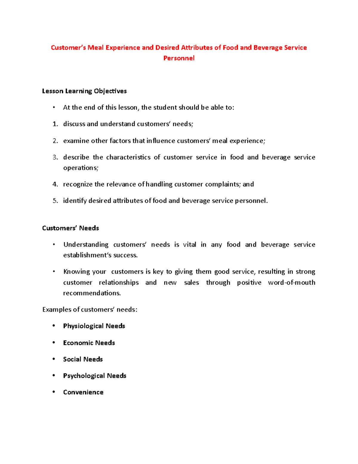 Customer Meal Experience & Key Attributes in Food Service Operations ...