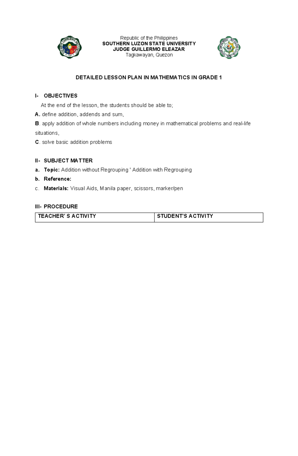 DLP in Mathematics: Addition Concepts for Grade 1 - Studocu