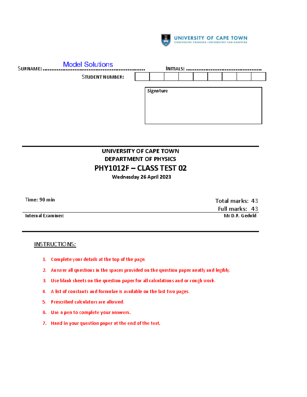 PHY1012F Class Test 02 Solutions - April 26, 2023 - Studocu