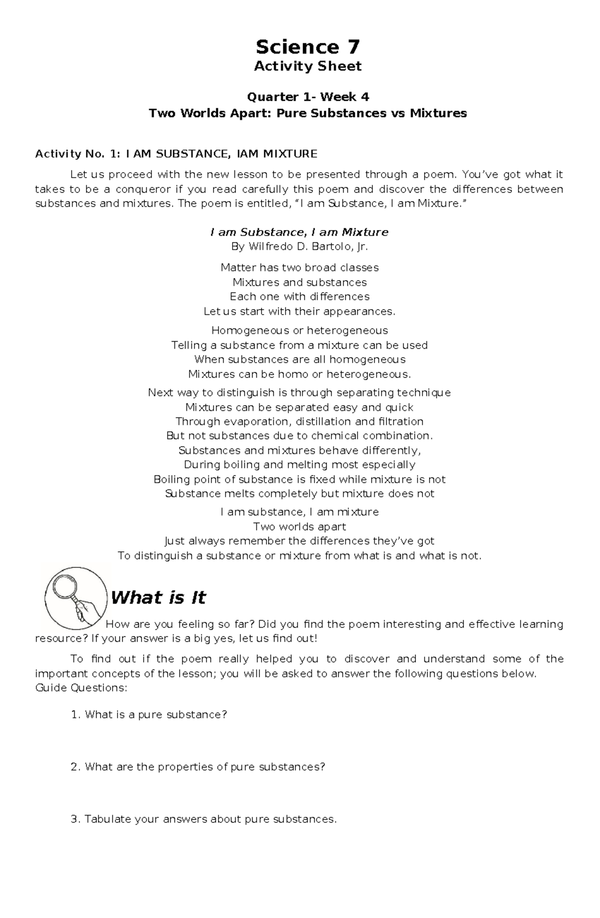 Science 7 Activity Sheet: Pure Substances vs Mixtures (Q1, W4) - Studocu